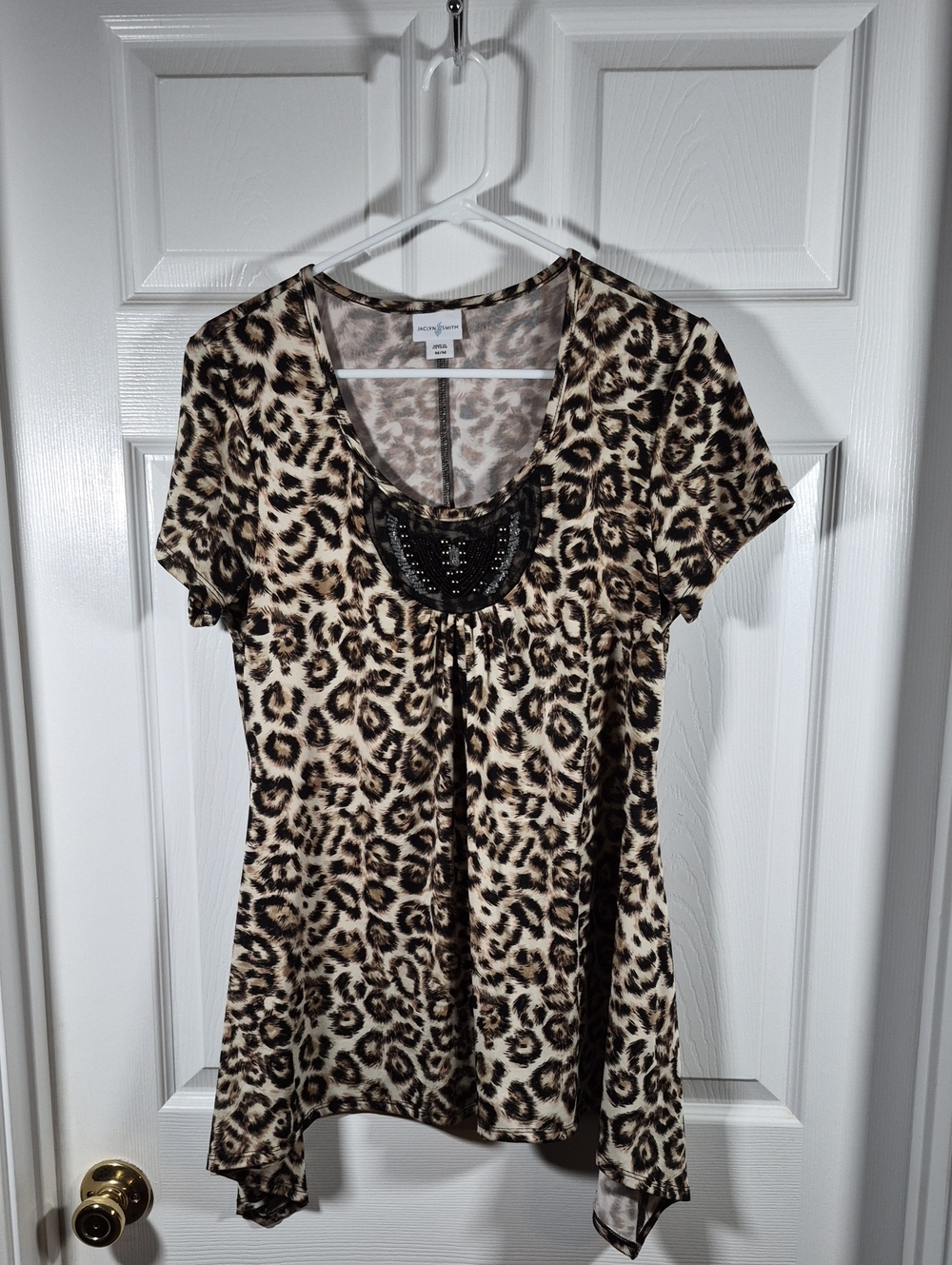 Jaclyn Smith Beige and Black Leopard-Print Short Sleeve Tunic with Beaded Scoop